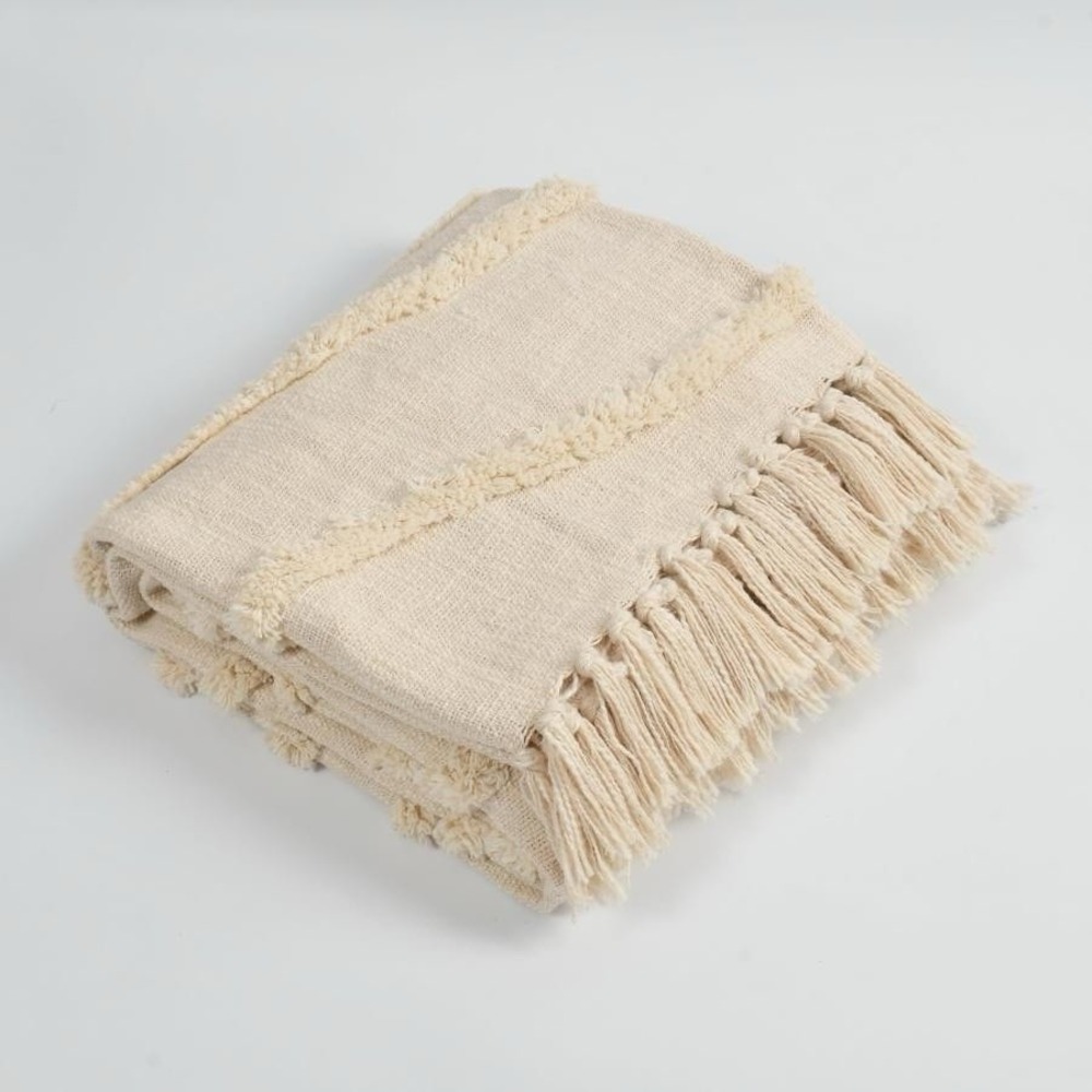 Lavish Threads Cream Cotton Throw Blanket 50x60 Diamond Fringe Striped Tufted
